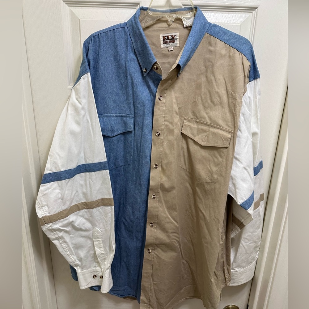 Ely Cattleman Blue and Tan Casual Button Down Shirt